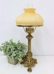 Vintage Brass Oil Table Lamp With Hurricane Chimney & Ivory Ribbed Glass Shade