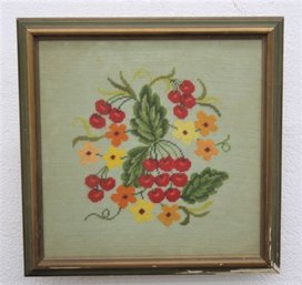 Vintage Framed Flowers And Cherries Cross-Stitch Needlepoint Wall Art