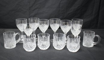 Group Lot Of Crystal DArques Diamond Point Wine Glasses, Tumblers, And Mugs