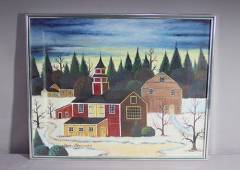 Vintage Village Winterscape Jonas Bradford Framed Folk Art Original Oil  On Canvas