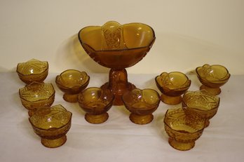 11 Piece Amber Glass, Center Piece With 10 Cups