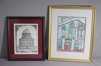 Two Vintage Architectural Print Lithographs, Signed Patricia Rainey And TRieschick