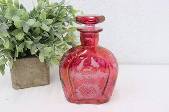 Vintage Ruby  Etched Decanter With Topper