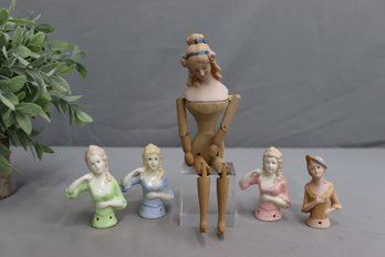 Lot Of 4 Vintage Porcelain Half/Pin Cushion Dolls  AND A Bisque Head Doll With Jointed Wood Body