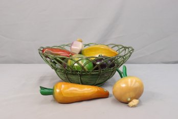 Garden Lot Of Colorful Fake Vegetables In A Real Woven Wire Basket