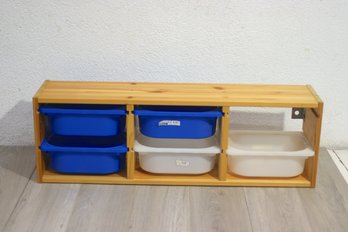 Wood Shelving Unit With 5 Slide Out Plastic Bins (6th Is Missing)
