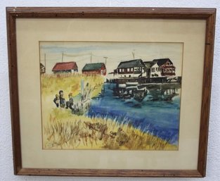 Original Framed Watercolor - Beach Inlet With Boat , Signed A. Hillman March - 1964