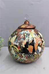 Vintage Japanese Hand Painted Metal Globe Jar With Clear Glass Finial