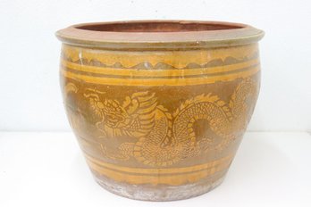 Huge Earthenware Planter With Mustard Dragon Relief On Cocoa Brown Ground