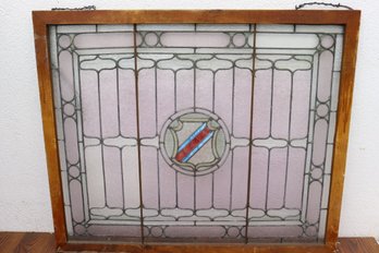 Vintage Family Crest Leaded Stained Glass Window In Wood Pane Frame