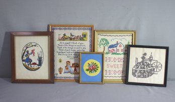 Group Lot Of 5 Vintage Sampler Style Embroideries, Framed