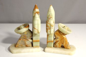 Vintage Mexican Carved Onyx Southwest Cactus/Men Sombrero 7' Tall Bookends