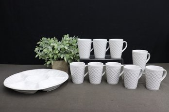 Loucarte Portuguese Ceramic Divided Serving Dish And 9 Strawberry Street Rattan Pattern Coffee Cups