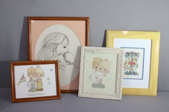 Group Lot Of 4 Precious Moments Framed Embroideries