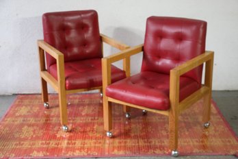 Pair Of Modern Red Leather And Wood Armchairs