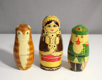 Collection Of Three Hand-Painted Russian Nesting Doll Sets  Matryoshka & Animal Themes