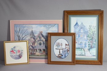 Group Lot Of 4 Victorian House And Decor Artworks - Framed And Some Signed