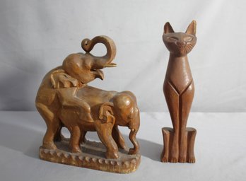 Elegant Hand-Carved Wooden Elephant And Cat Sculptures