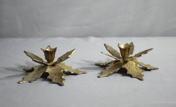 Two Vintage Solid Brass Holly Leaf Taper Candle Holders