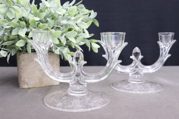 A Pair Of Imperial Glass Etched Two Arm Candelabra For Candle Sticks