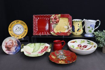 Group Lot Of Colorful Floral And Novelty Ceramic Bowls, Plates, Pitchers Etc
