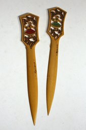 Pair Of Vintage Handcrafted Wooden Letter Openers With Inlay Designs  Folk Art Style