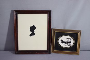 Two Vintage Framed Cut Paper Silhouettes - Portrait And Horse & Buggy