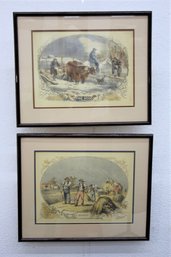 Harvest And Firewood - Two Framed Oval Reproductions Of Hand Colored Wood Engraving