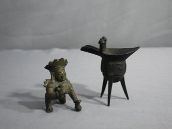 Small Antique Hindu Bronze Of Kneeling Goddess & Bronze Ritual Wine Warmer Vessel For Offerings