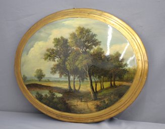 Idyllic Landscape: Tranquil Nature Scene - Vintage Oval Oil Painting