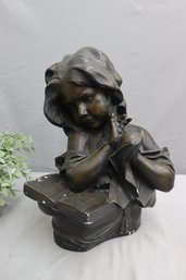 Vintage  CHALKWARE / PLASTER Bust Of Young  GIRL Reading  Music