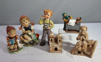 Group Of 6 Vintage Figurines:  2 E. Stauffer Barnyard , 2 Peruvian Birthing, 1 Photo Boy, 1 Terra Cotta Church