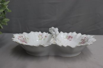 Vintage Porcelain Double Scallop Shell Serving Dish With Branch Handle.
