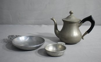 Two Vintage Pewter Tastevins/Porrigers And A JM Shaw Pewter Teapot