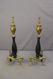 Vintage Bennett Co. Brass And Wrought Iron Neoclassical Andirons