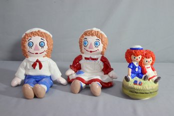 Vintage Raggedy Ann And Andy School Days Music Box And 2 Figurines