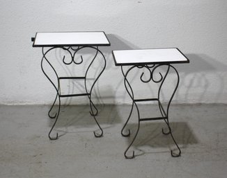 Pair Of Vintage Wrought Iron And Marble Top Plant Stands