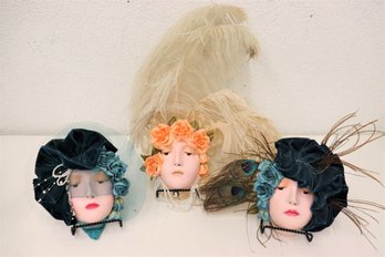 Three Bisques Ladyfaces With Make-up, Hat Feathers, Jewelry And More - Crafted By Delores In '87-'88