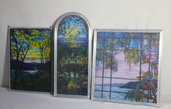 Set Of Three Vibrant Stained Glass Art Panels