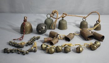 Group Lot Of Various Size Roped Brass, Iron, And Mixed Metal Bells
