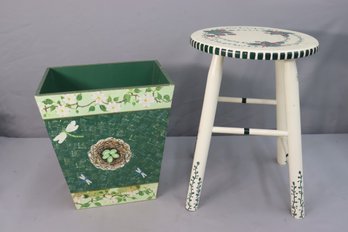 Hand-Painted Stool And Wastebasket, Stool Is Signed Laure 97