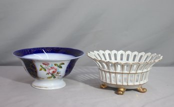 Two Vintage Porcelain Bowls: Reticulated Basket Bowl & Hand-painted Flower And Gold Trim Bowl