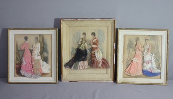 Group Lot Of 3 Vintage Fashion Engravings With Fabric Embellishments