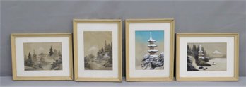 Group Of Four Modern Japanese Pagoda Theme Woodblock Prints