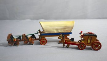 Vintage Japanese Wooden Horse(s)-Drawn Stagecoach And Conestoga Wagon Mini Toys