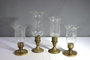 Group Lot Of Brass And Etched Berry Glass Hurricane Shade Candlesticks