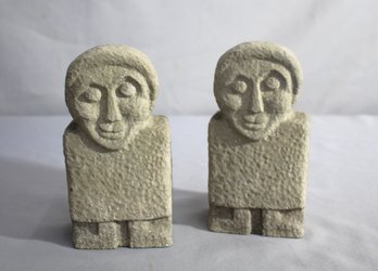 Pair Of Sculptural Stone Bookends - Minimalist Carved Faces