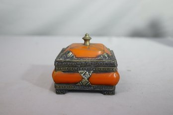 Vintage Tibetan Amber In Embossed Brass Frame Jewelry Box