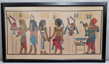 Framed Reproduction Of Egyptian Temple Gathering, Original Hand Made Om Papyrus