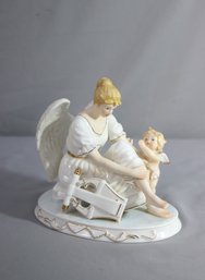 O'Well Grandeur Noel Collector's Edition Porcelain Pearlized Angel With Harp And Cherub